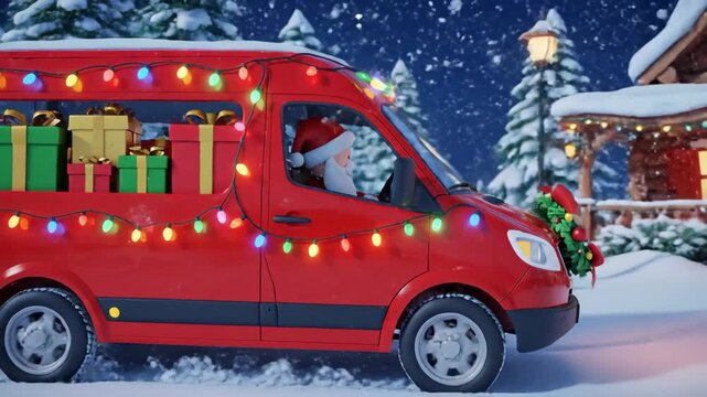 Santa's Christmas Delivery Van - A red delivery van decorated with Christmas lights and a wreath is driven by Santa Claus through a snowy landscape.