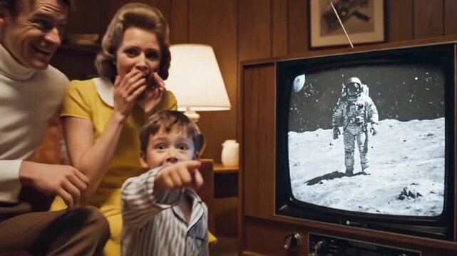 Family Watches Moon Landing on Vintage TV, Retro Living Room Scene