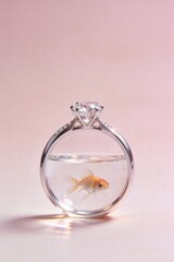 Conceptual close up of a goldfish swimming inside a transparent ring shaped aquarium with diamond setting on soft pink background, luxury jewelry fantasy and surreal design.