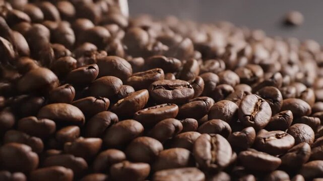 Coffee Beans Close Up - A close up shot shows roasted coffee beans on a dark surface. The video focuses on the texture and color of the beans.