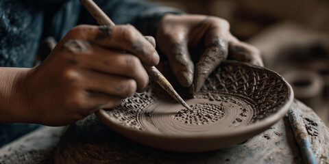 Close-up of artisan hands carving intricate patterns into a handmade clay bowl with a wooden tool in a pottery studio.