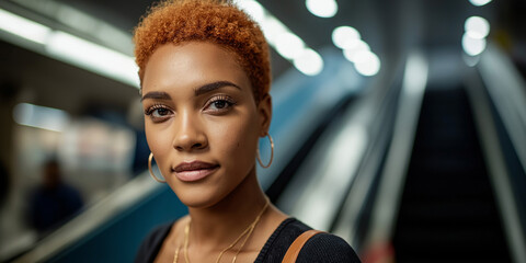 Portrait of a Confident Young Black Woman with Short Ginger Hair in a Subway Station