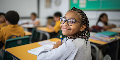 Portrait of a happy young Black schoolgirl with glasses and braided hair sitting at a desk in a classroom, looking at the camera with a smile.