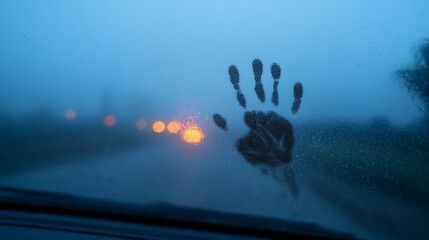 Moody night scene through foggy car window with handprint on wet glass, blurred city lights bokeh, mystery and anxiety concept, cinematic atmosphere for thriller posters and social ads