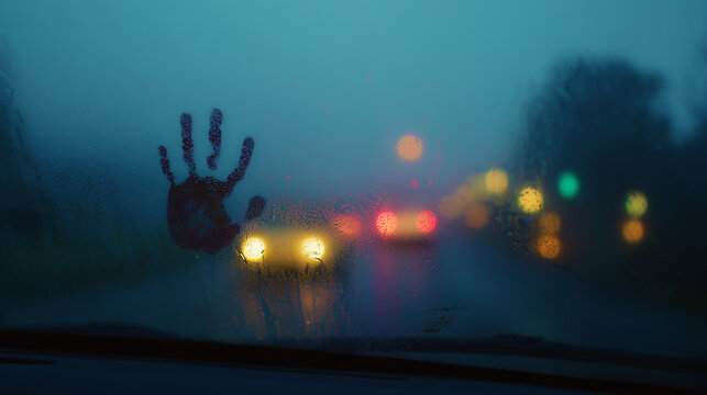 Moody night scene through foggy car window with handprint on wet glass, blurred city lights bokeh, mystery and anxiety concept, cinematic atmosphere for thriller posters and social ads