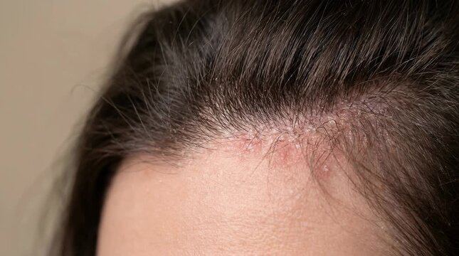 Seborrheic Dermatitis Scalp and Hairline Close Up, Mild Redness and Fine Flaking at Hair Roots