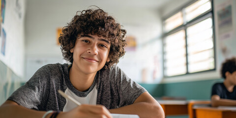 Portrait of a smiling teenage boy with curly hair sitting at a desk in a classroom, looking at the camera while studying.
