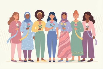 Obraz premium Diverse group of women holding flowers wearing colorful outfits standing together in a cheerful and supportive manner