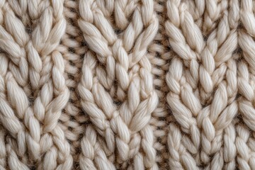 Fototapeta premium Textured Close-Up of Cream Colored Knitted Fabric with Intricate Patterns and Twisted Yarn Design