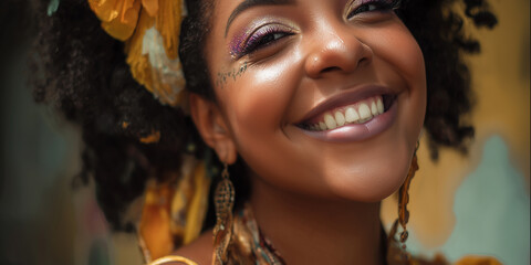 Radiant smiling Black woman with curly hair wearing a yellow floral headwrap and bohemian jewelry.