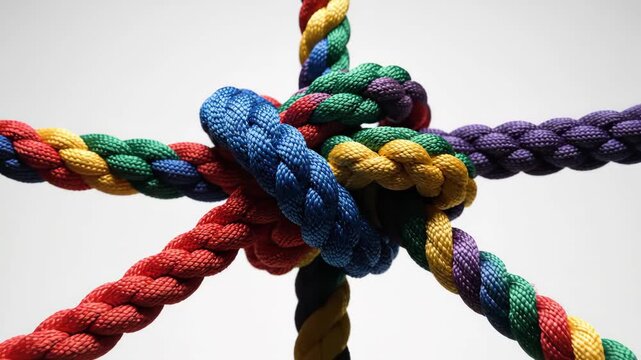 Colorful Knot of Intertwined Ropes - This close-up shot features a vibrant knot formed by several thick, braided ropes of various colors.