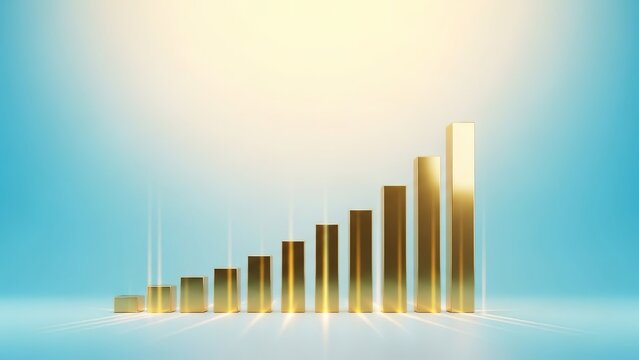 3D vector illustration of a successful business finance growth graph featuring golden coins and an arrow rising over a blue urban cityscape background with a market report bar chart design - Powered by Adobe