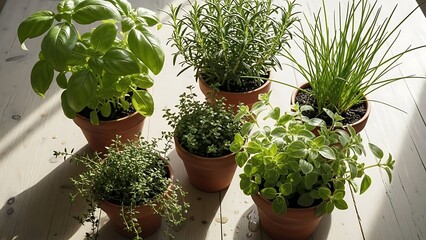 Assortment of Five Potted Culinary Herbs on a Light Wooden Surface with Sunlight potted herbs basil