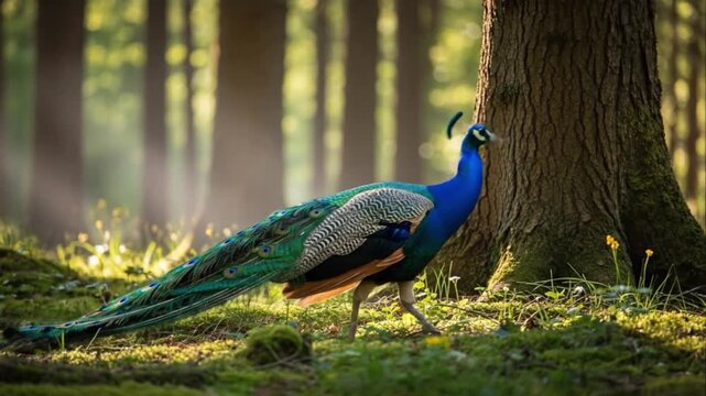 Majestic Peacock in Forest Sunlight Wildlife Nature Scene
