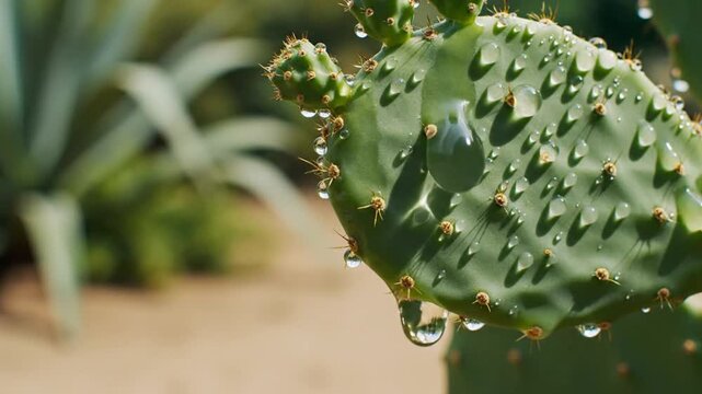 Water Droplets Falling Gracefully From a Prickly Pear Cactus In Slow Motion Close Up View