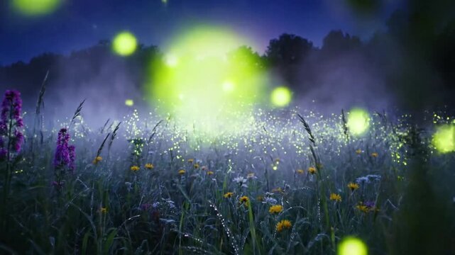 Magical Fireflies Glowing in Misty Meadow at Dusk, Enchanting Summer Night