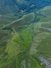 A group of ruined Pasiegan huts located near Yera. Vega de Pas Municipality. Pasiegan Valleys. Cantabria. Spain. Europe