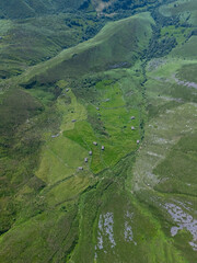 A group of ruined Pasiegan huts located near Yera. Vega de Pas Municipality. Pasiegan Valleys. Cantabria. Spain. Europe