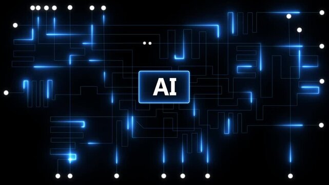 Glowing green circuit board network with AI agents text in center, AI interface visualizes algorithm and code for futuristic smart network design and digital innovation concept