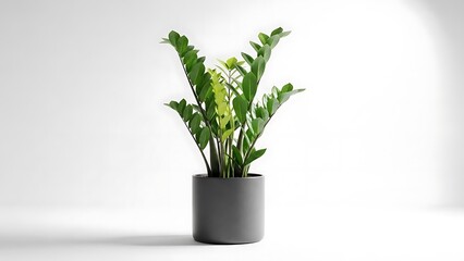 Obraz premium AZ plant in a modern grey cylindrical pot against a clean white background with soft studio lighting