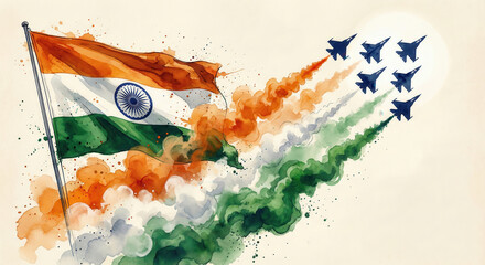 Indian flag waving with jets flying in formation
