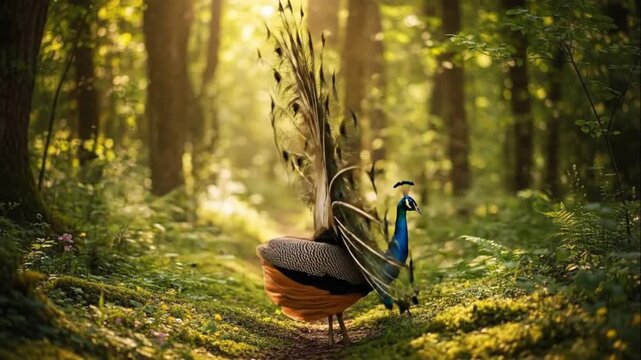 Peacock Displaying its Stunning Tail Feathers in Sunny Forest Habitat