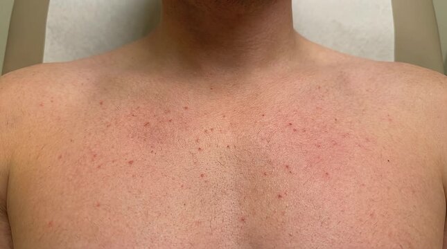 Cholinergic Urticaria Close Up on Chest Skin, Heat Induced Micro Hives, Tiny Evenly Distributed Red Raised Spots