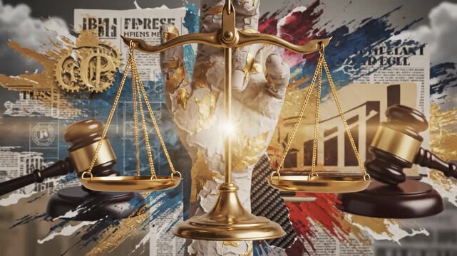 Scales of Justice Abstract Illustration - A close-up shot of golden scales of justice with a hand design as background, with a wooden gavel present.