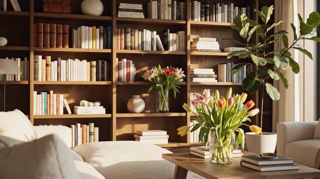 Cozy Living Room Interior with Bookshelf - A bright and cozy living room features a wooden bookshelf filled with books, alongside decorative vases, flowers, and a fiddle leaf fig tree.