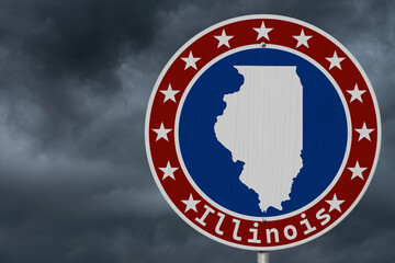 Illinois map with stars on a US red, white and blue road sign