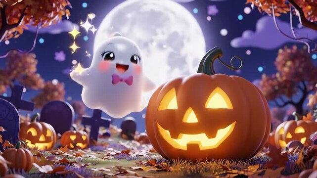 Cute Halloween Cartoon Scene - This cartoon video depicts a Halloween scene with carved pumpkins, a cartoon ghost with a bow tie, and tombstones in the background under a full moon.