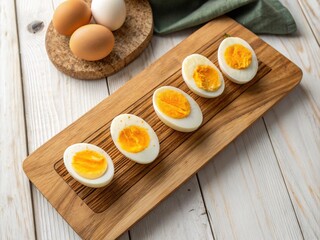 Boards with fresh boiled eggs on wooden background