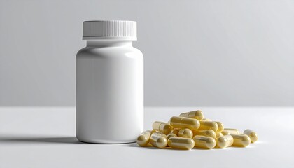 White Pill Bottle and Gold Capsules on White Surface in Bright Lighting