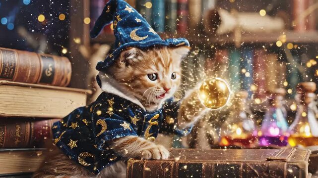 Kitten Wizard Casting Spell - A cute ginger kitten wearing a blue wizard's hat and robe is casting a magical spell in a library.
