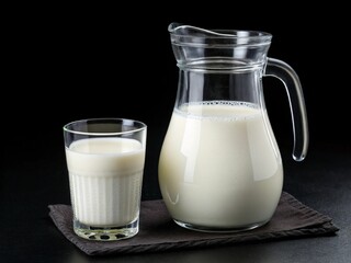 Glass and jug of milk on black background 