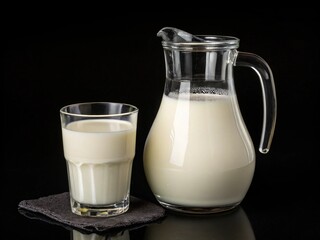 Glass and jug of milk on black background 
