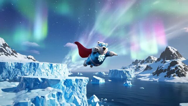 Cartoon Polar Bear Superhero Flying - A cartoon polar bear dressed as a superhero is flying in front of an arctic landscape.