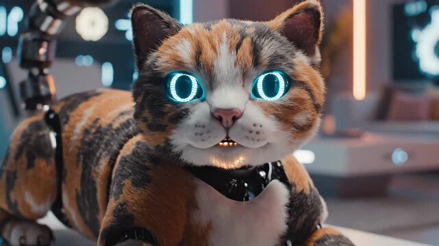 Robotic Calico Cat - A close-up shot shows a robotic calico cat with glowing blue eyes stretching forward.