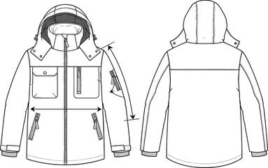 Front and back technical sketch of winter jacket with hood, zip pockets, and measurement indicators for fashion design and garment specification reference.