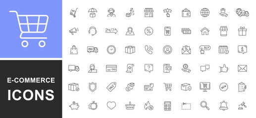 E-Commerce icon set with editable stroke. Online shopping icons for web and mobile app. Business, mobile shop, digital marketing, bank card, gifts, sale, delivery. Vector illustration