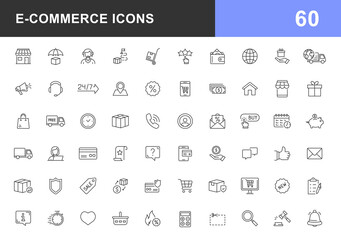 E-Commerce icon set with editable stroke. Online shopping icons for web and mobile app. Business, mobile shop, digital marketing, bank card, gifts, sale, delivery. Vector illustration
