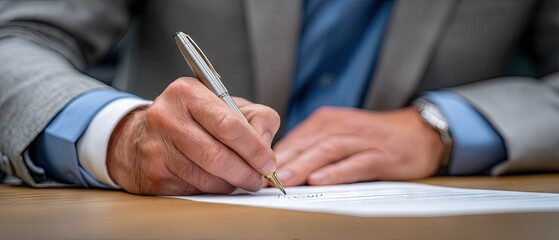 Elderly businessman signs contract in office setting with close-up view of pen and document on desk for business service advertisement