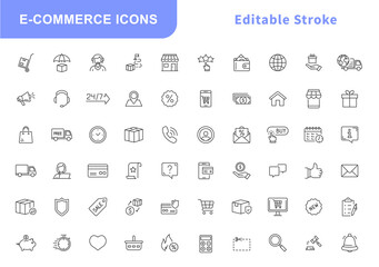E-Commerce icon set with editable stroke. Online shopping icons for web and mobile app. Business, mobile shop, digital marketing, bank card, gifts, sale, delivery. Vector illustration