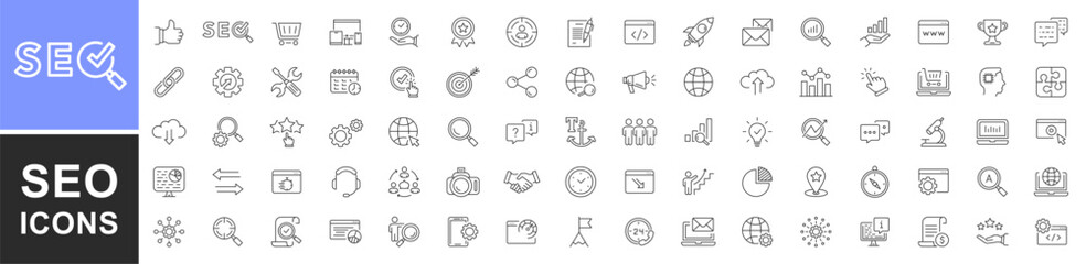 SEO - search engine optimization thin line icons set. Search Engine Optimization. Business, traffic, optimization, target. Editable stroke. Search Engine and Marketing icons for web and mobile app.