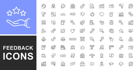 User feedback icon set. Feedback icons for web and mobile app. Containing feedback, like, customer review, review, satisfaction, good feedback, rate and more. Vector outline icons set. Editable stroke