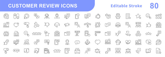 Customer review icon set. Feedback icons for web and mobile app. Containing feedback, like, customer review, review, satisfaction, good feedback, rate and more. Outline icons set. Editable stroke