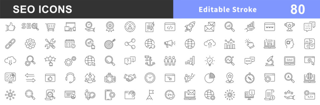 SEO - search engine optimization thin line icons set. Search Engine Optimization. Business, traffic, optimization, target. Editable stroke. Search Engine and Marketing icons for web and mobile app.
