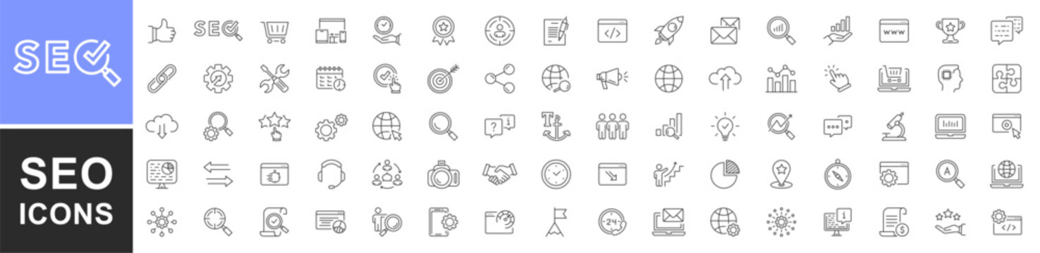 SEO - search engine optimization thin line icons set. Search Engine Optimization. Business, traffic, optimization, target. Editable stroke. Search Engine and Marketing icons for web and mobile app.
