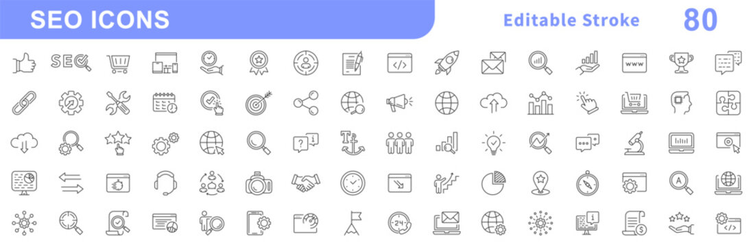SEO - search engine optimization thin line icons set. Search Engine Optimization. Business, traffic, optimization, target. Editable stroke. Search Engine and Marketing icons for web and mobile app.