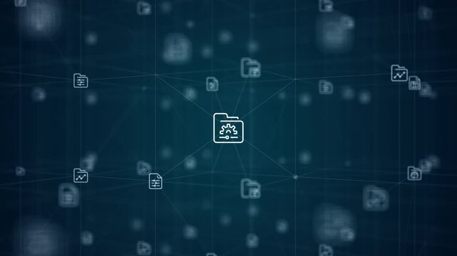 Motion graphic of secure digital folders connected across a network, forming a seamless loop for cybersecurity, data protection, and enterprise technology background.